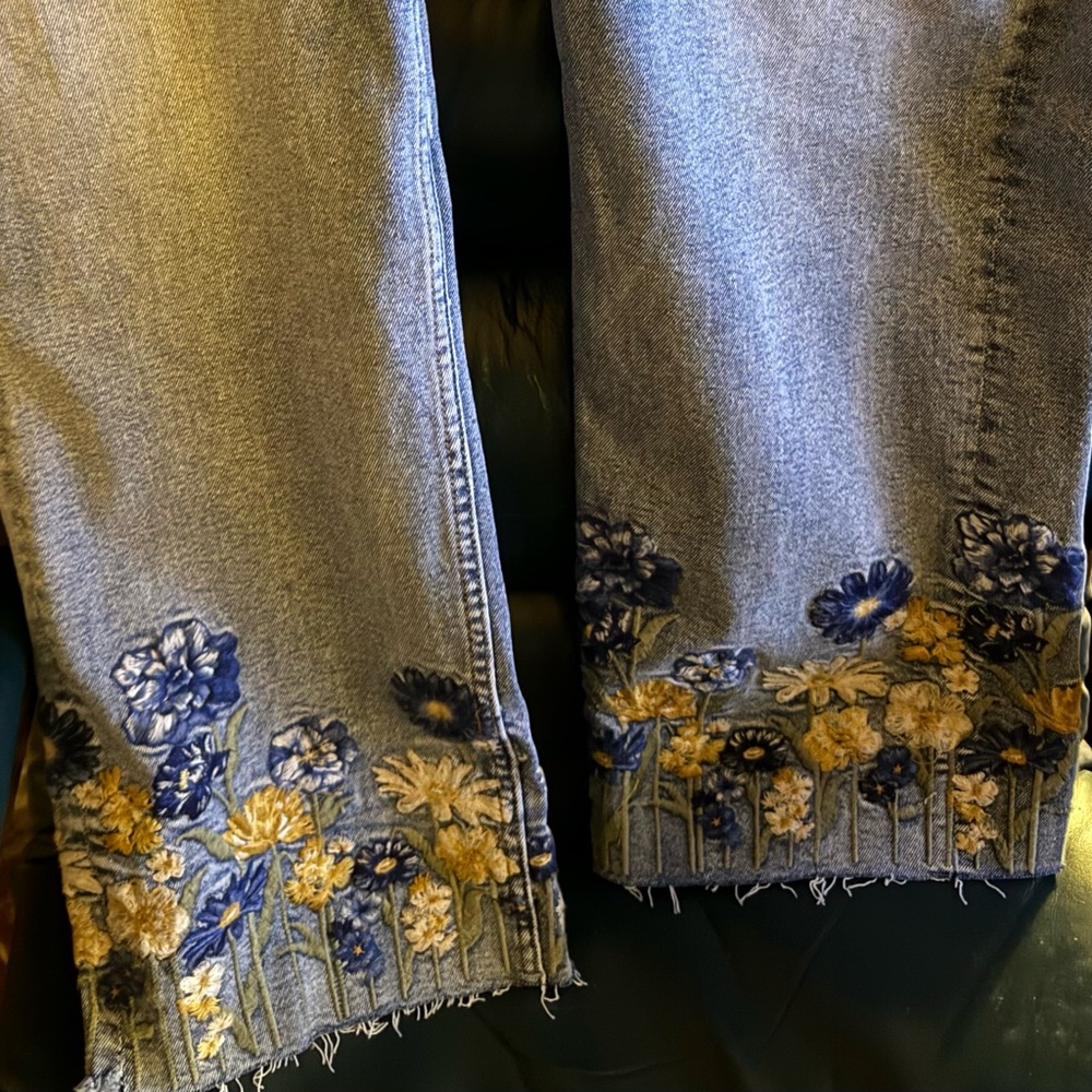 Driftwood; Straight leg; Button Fly; Garden Flower Embroidery
